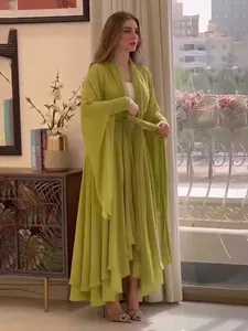 Stylish lime green pleated two-piece set with long sleeve shawl and jumpsuit