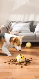 Close-up of a pufferfish-shaped slow feeder dog toy with scattered treats on floor
