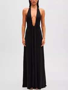 Elegant sexy black deep V-neck plunging halter sleeveless maxi dress for women
