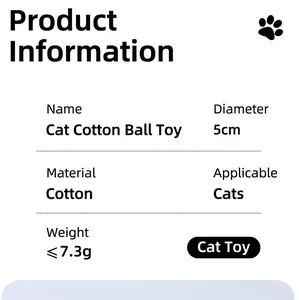 Detailed product specifications for the 5cm soft cotton plush ball interactive cat toy.