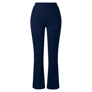 Front view of navy blue high-waisted flare yoga pants with slimming waistband.