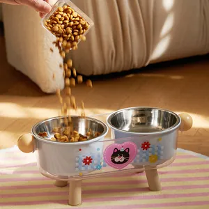 Elevated double pet bowl with stainless steel inserts and a cute cat design for cats and dogs