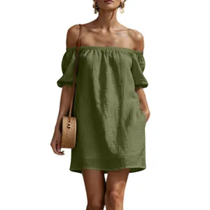 Detailed view of women's off-the-shoulder loose olive green cotton linen summer mini dress