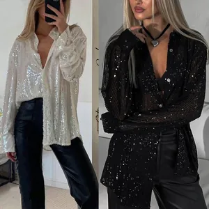 Chemise à Paillettes Sexy pour Femmes Col à Revers Lâche Manches Longues Top Blouse Veste en Polyester Brillant pour Fête