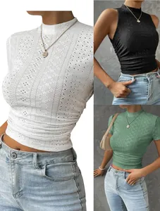 Crop Top Femme Col Montant en Maille Jacquard Sexy Ajouré Froncé Sans Manches Débardeur Manches Courtes Coupe Ajustée