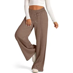 Comfortable women's casual wide-leg sweatpants with drawstring and elastic waist in brown.