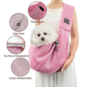 Pink breathable mesh pet sling carrier for small dogs with adjustable strap