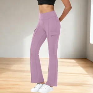 Fashionable high-waisted mauve flare yoga cargo pants with side pockets for women