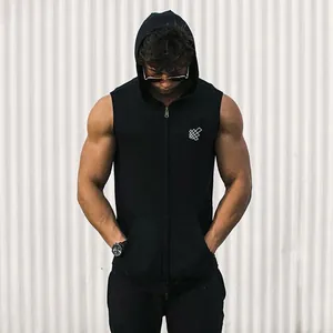 Close-up of a black sleeveless sports hoodie vest for men featuring a front zipper