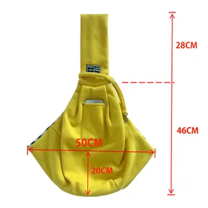 Detailed dimension view of yellow crossbody pet carrier bag for cats and dogs
