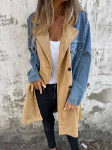 Dames Denim Patchwork Jas Lange Mouw Reverskraag Knoopsluiting Casual Medium Lengte Jack Najaar Winter Bovenkleding
