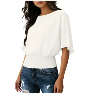 Elegant women's white short sleeve blouse featuring a stylish smocked waist and round neck