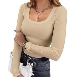 Close-up of ribbed texture and slim fit on beige square neck long sleeve top