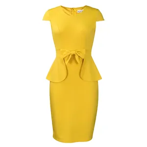 Elegantes gelbes Schößchen-Bleistiftkleid mit Schleifentaille und kurzen Ärmeln