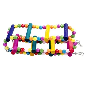Detail view of colorful wooden bead climbing ladder for parrots and small birds.