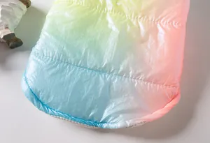 Macrodetail van regenbooggradiënt huisdier katoenen vest met gewatteerde textuur en stof