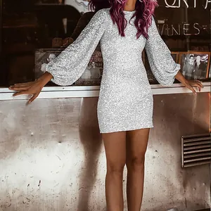 Sparkling silver sequin mini dress with elegant long lantern sleeves and slim fit style
