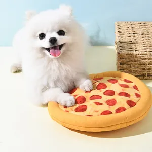 Plush pizza squeaky dog toy held by a fluffy white puppy on a soft cream background