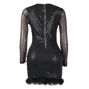 Detailed back view of a sexy black sequined mini dress featuring faux feather hem trim