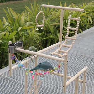 Grand terrain de jeu en bois pour perroquets avec échelles et balançoires pour oiseaux.