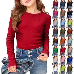 Multiple color variants of the girls crew neck ribbed long sleeve slim fit T-shirt
