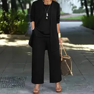 Elegant black 3-piece outfit with cardigan, tank top and wide-leg trousers for women