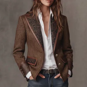 Blazer vintage français en laine à chevrons avec revers paisley élégant pour femme