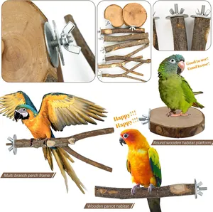 Dettaglio di trespoli e piattaforma in legno naturale per pappagalli con ferramenta.