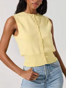 Sleeveless pale yellow knitted button-down vest top for women in casual summer style.