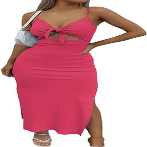 Detailed view of women's fuchsia tie-front cutout knit bodycon dress with side slit