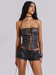 Vintage grey PU leather lace-up corset top and shorts set for a retro punk look