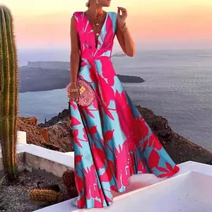 Robe Longue Femme Style Français Col en V Profond Sans Manches Polyester Imprimé Floral Géométrique Robe de Plage d'Été