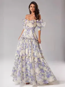 Elegant off-the-shoulder floral organza maxi dress with puff sleeves and tiered skirt