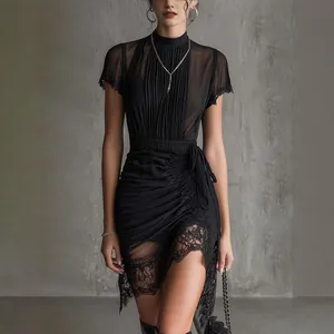 Elegant black sheer lace spliced mini dress with high slit and pleated bodice