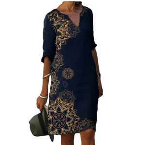 Elegant navy blue V-neck casual midi dress with vintage gold floral mandala print design