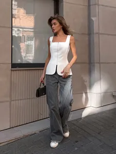 Elegant white square-neck sleeveless top with front zipper and cinched waist design