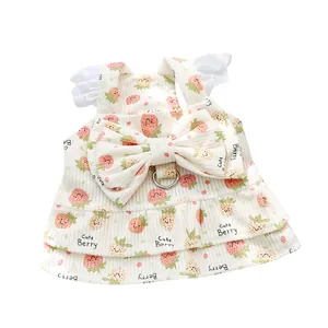 Erdbeermuster Cord Haustierkleid mit Schleife und Leinenring für Katzen und Hunde