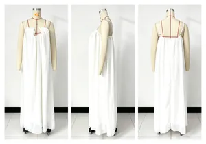 Front, side, and back views of a white backless maxi dress with spaghetti straps.