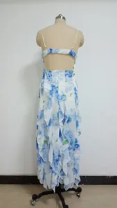 Back detail view of floral chiffon maxi dress with open back and tiered ruffle layers