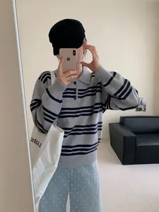 Pull en maille polo rayé gris pour femme style coréen