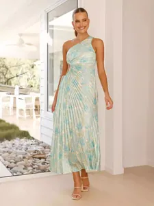 Elegant one-shoulder pleated floral midi dress with sexy waist cutout for summer fashion