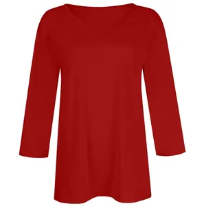 Detail view of a vibrant red women's casual V-neck t-shirt with 3/4 length sleeves