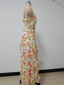 Detailed side view of a floral chiffon maxi evening dress with ruffles