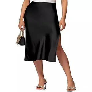 Women Elegant Satin Midi Skirt High Waist Elastic Side Slit Satin Skirt Split Straight Skirt For Party Daily Wear