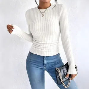 Women's white long-sleeve round-neck T-shirt with vertical ribbed texture
