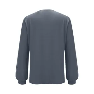 Detaillierte Rückansicht eines lässigen grauen Damen-Langarmshirts mit Rundhalsausschnitt