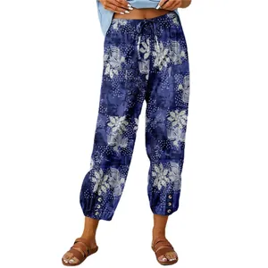 Bohemian high-waist drawstring cotton linen pants with vintage bird floral print
