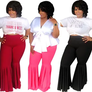 Three colors of women's sexy slim fit flare pants with stylish ruffle hem detailing