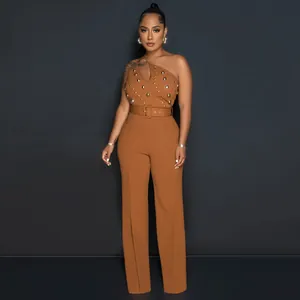 Elegant one-shoulder studded jumpsuit featuring a matching belt and wide-leg trousers in brown