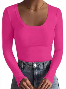 Women's Sexy Slim Fit Ribbed Long Sleeve T-Shirt Solid Color Round Neck Basic Casual Base Layer Top